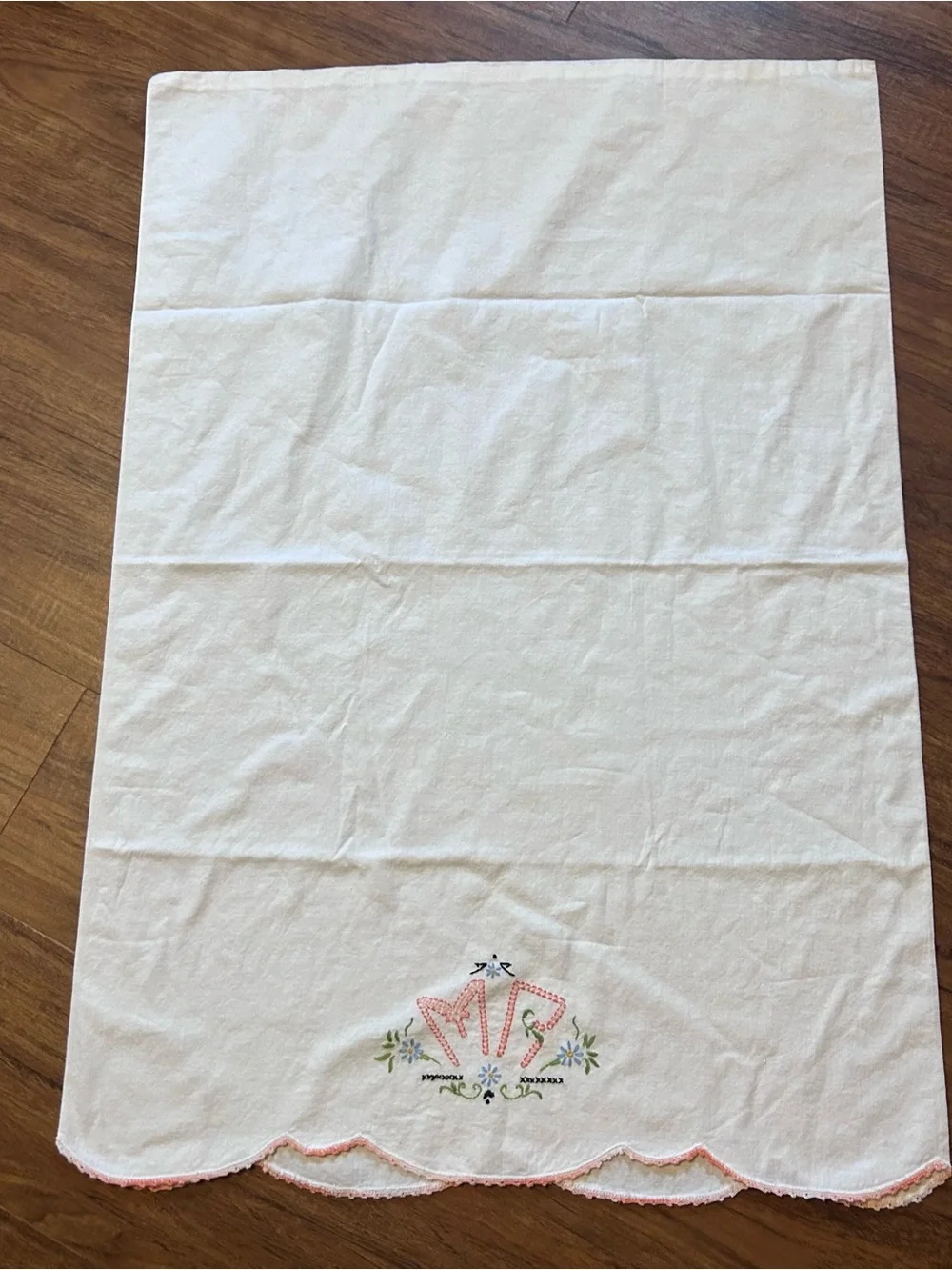 Vintage White Pillowcase Pair with Pink Embroidery and Floral Accents